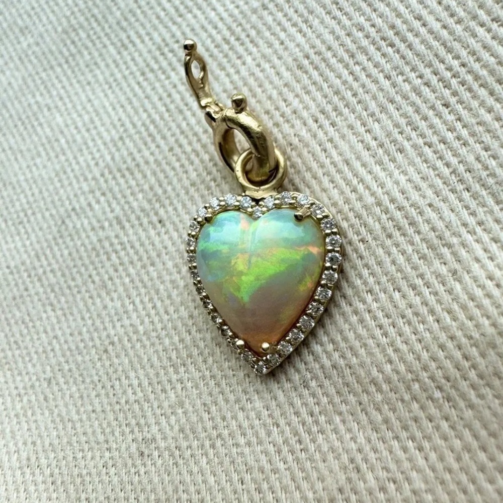 Storrow 14K Gold Diamond & White Opal Alana Heart Charm w: Fire